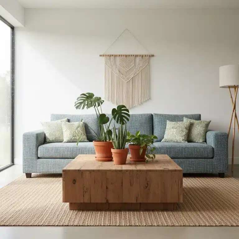 Modern living room with eco-friendly furniture and abundant natural light, showcasing sustainable home decor.