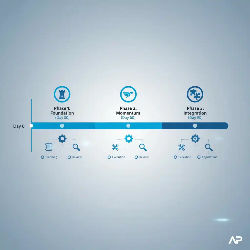 Infographic illustrating a 90-day action plan timeline with three distinct phases: Foundation, Momentum, and Integration.