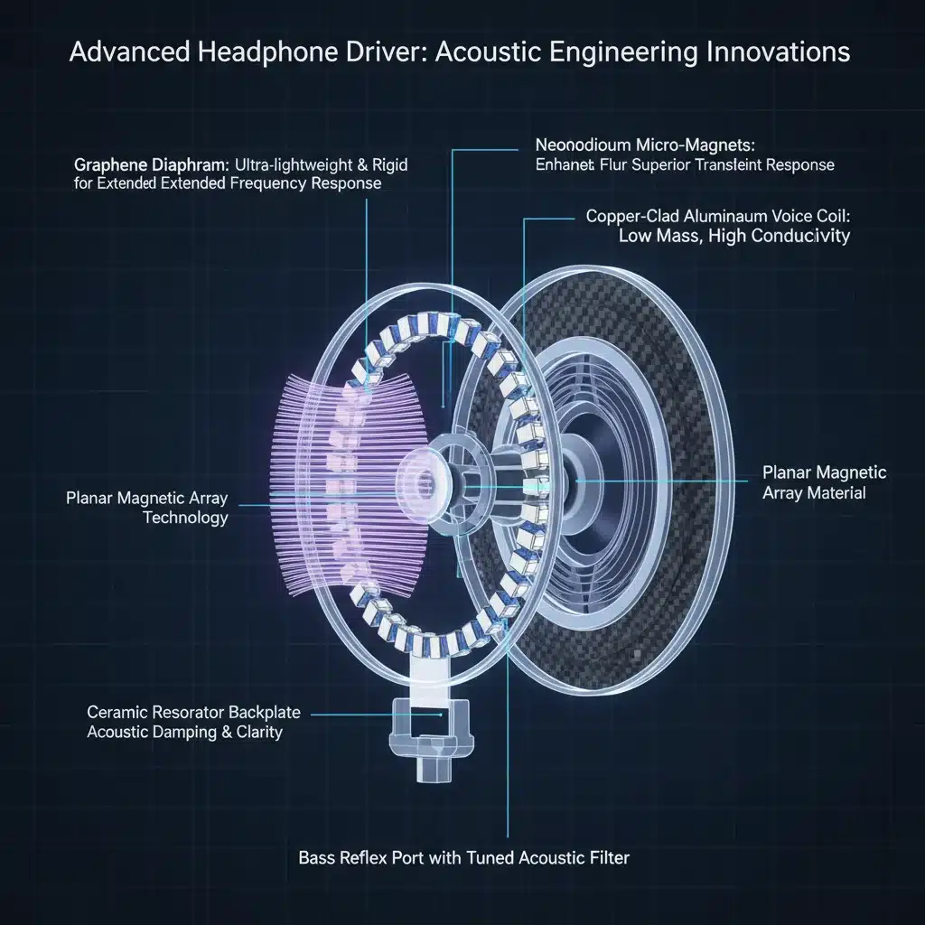 Detailed diagram of advanced headphone driver technology, showcasing graphene diaphragm and acoustic engineering.