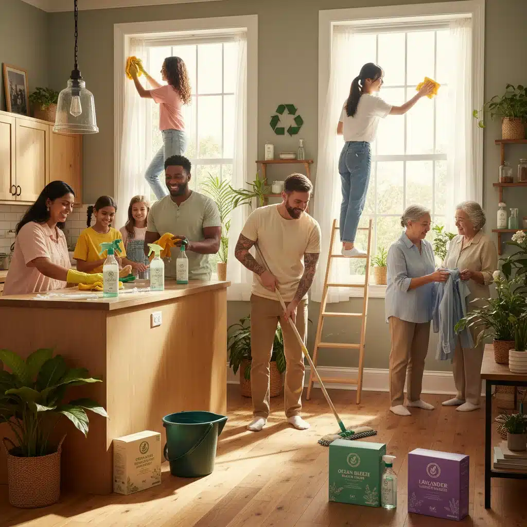Happy families cleaning homes with eco-friendly products