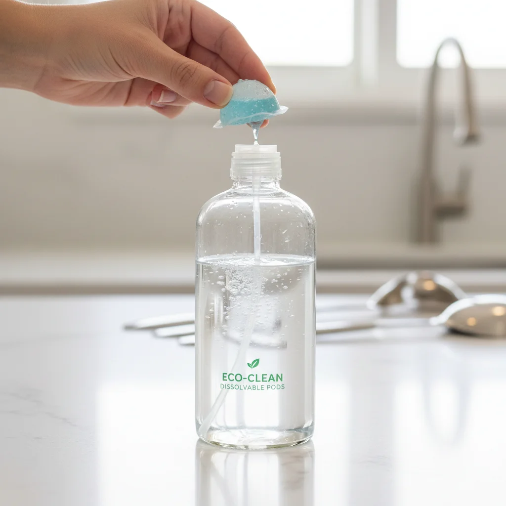 Hand dropping dissolvable cleaning pod into spray bottle