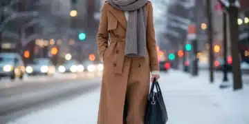 Woman in elegant camel coat, cashmere turtleneck, and leather boots in winter city
