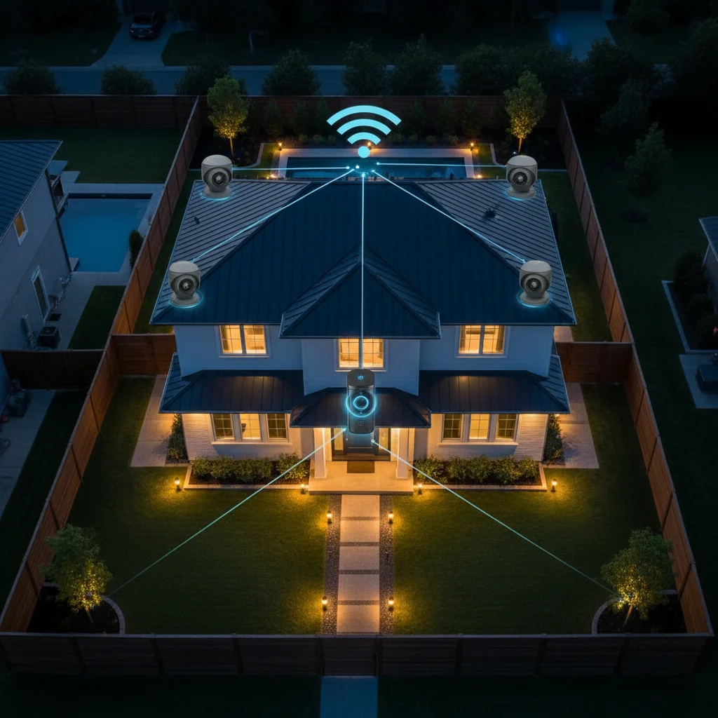 Exterior smart home security system with cameras, lighting, and doorbell