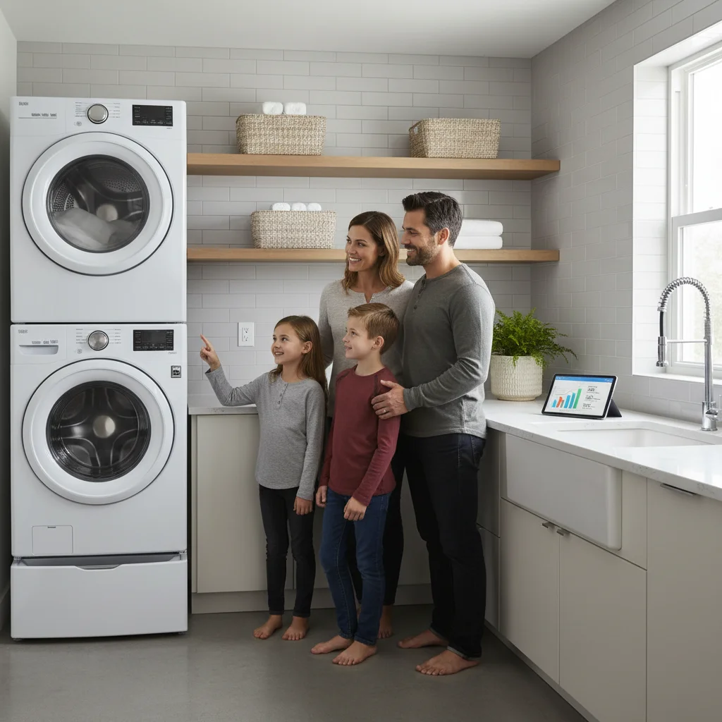 Family enjoying new energy-efficient washer and dryer in a modern laundry room.