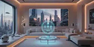 Futuristic smart home living room with integrated devices and holographic controls