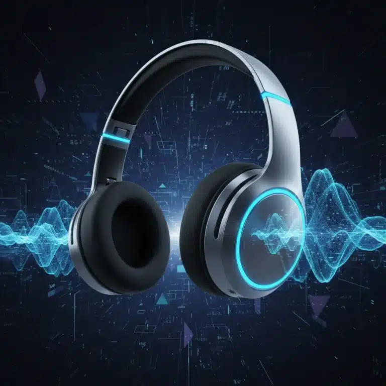 Futuristic wireless headphones with glowing accents, representing advanced audio technology for 2026.