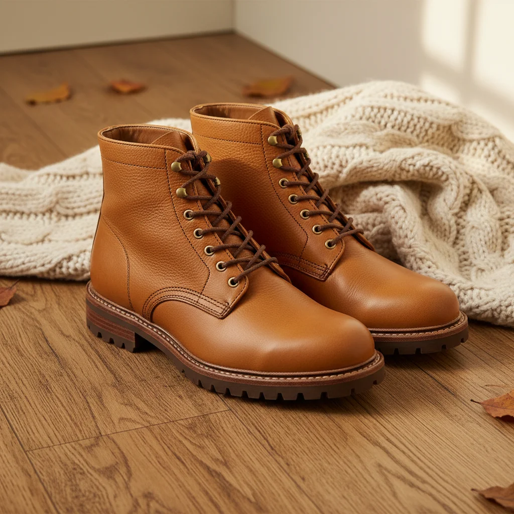 Premium full-grain leather ankle boots on wooden floor