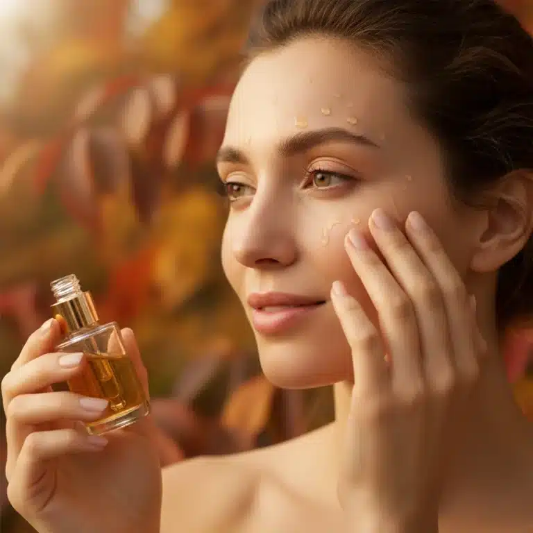 Woman applying hydrating serum to glowing skin with autumn leaves in background