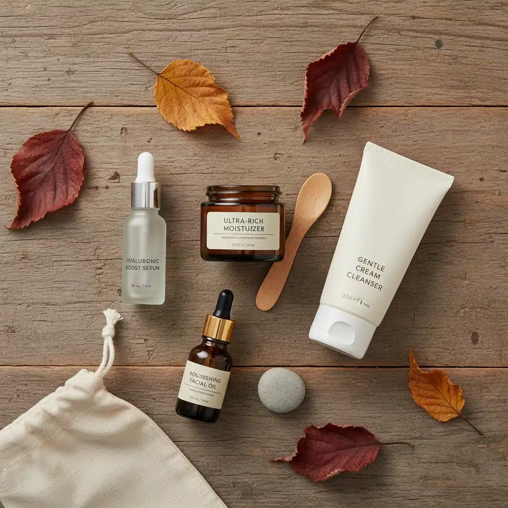 Assortment of hydrating skincare products for dry skin on a wooden surface