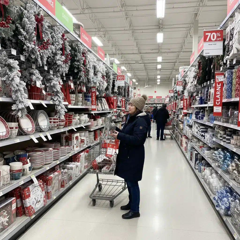 Retail store aisle with deeply discounted seasonal decor items in January, illustrating post-holiday shopping.