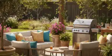 Stylish outdoor patio with modern furniture, perfect for Memorial Day gatherings