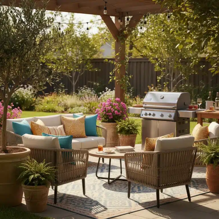 Stylish outdoor patio with modern furniture, perfect for Memorial Day gatherings
