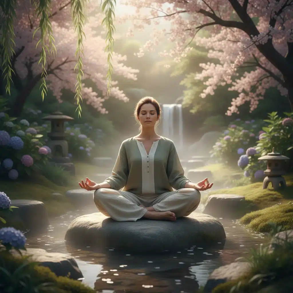 Person meditating mindfully in a tranquil garden, focusing on breath and presence