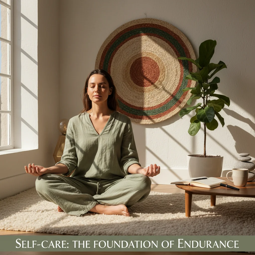 Person calmly meditating or reflecting, symbolizing self-care, mindfulness, and mental resilience for sustained goal achievement.