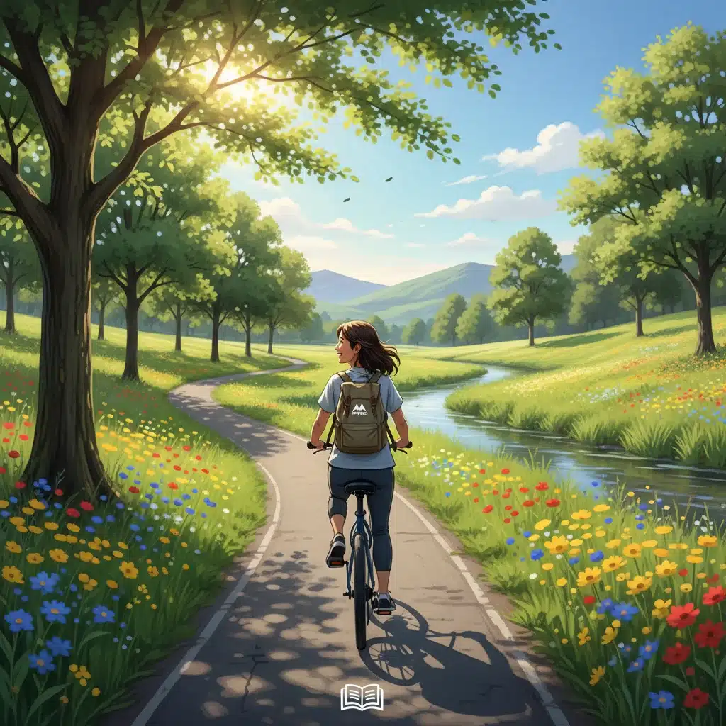 Person cycling in a park, enjoying experiences over possessions, representing minimalist joy and freedom.