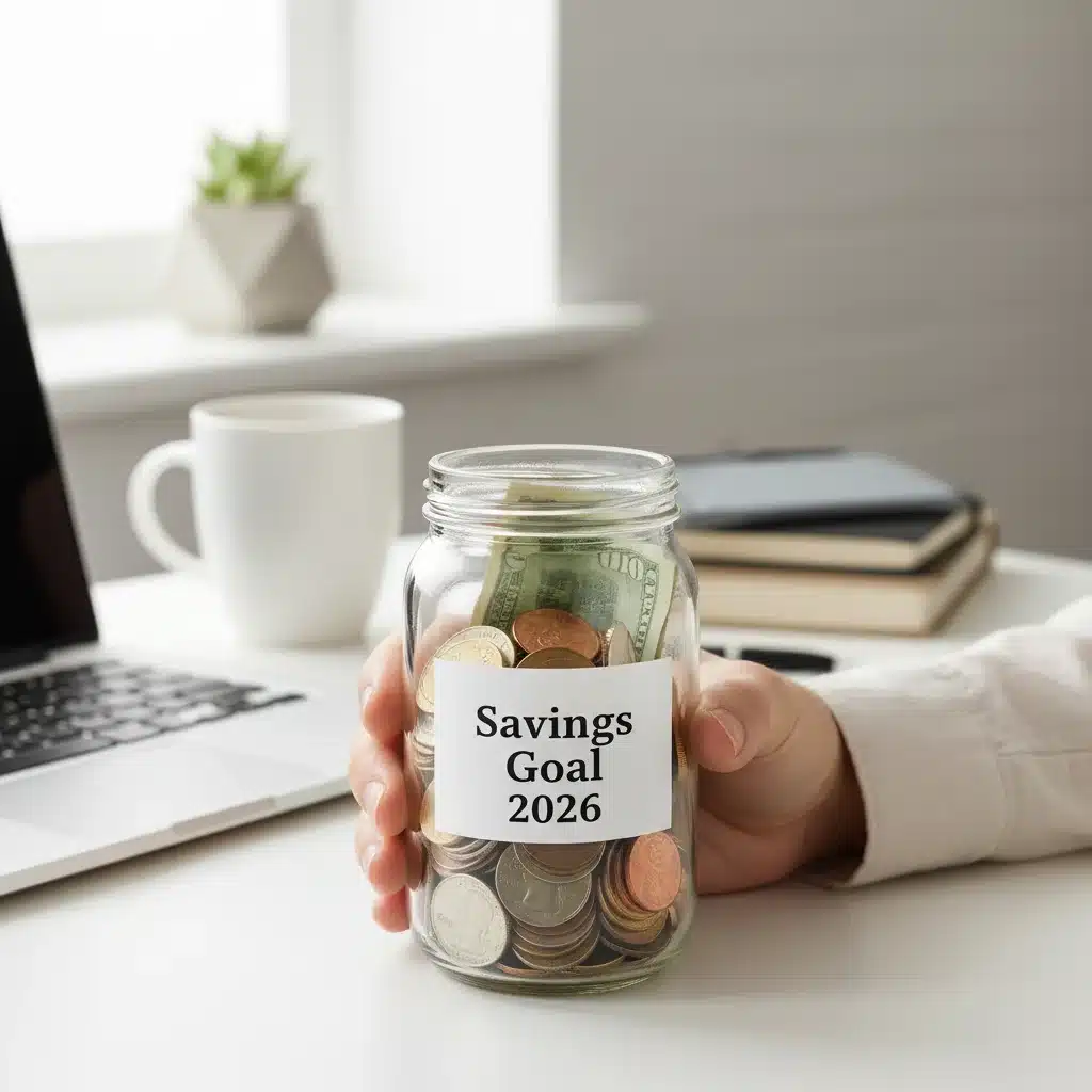 Hand holding a savings jar with money, symbolizing financial progress through minimalist choices.