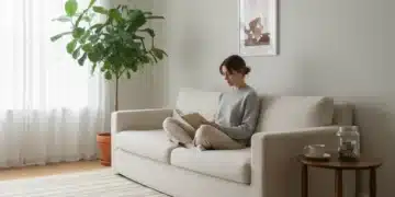 Serene minimalist living room with natural light and a person reading, symbolizing a decluttered life and financial peace.