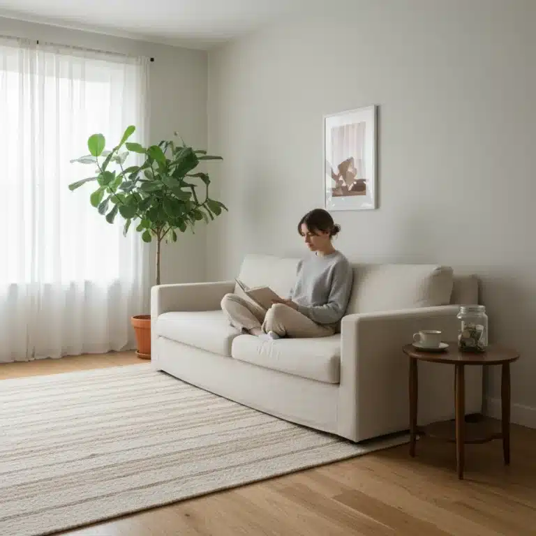 Serene minimalist living room with natural light and a person reading, symbolizing a decluttered life and financial peace.