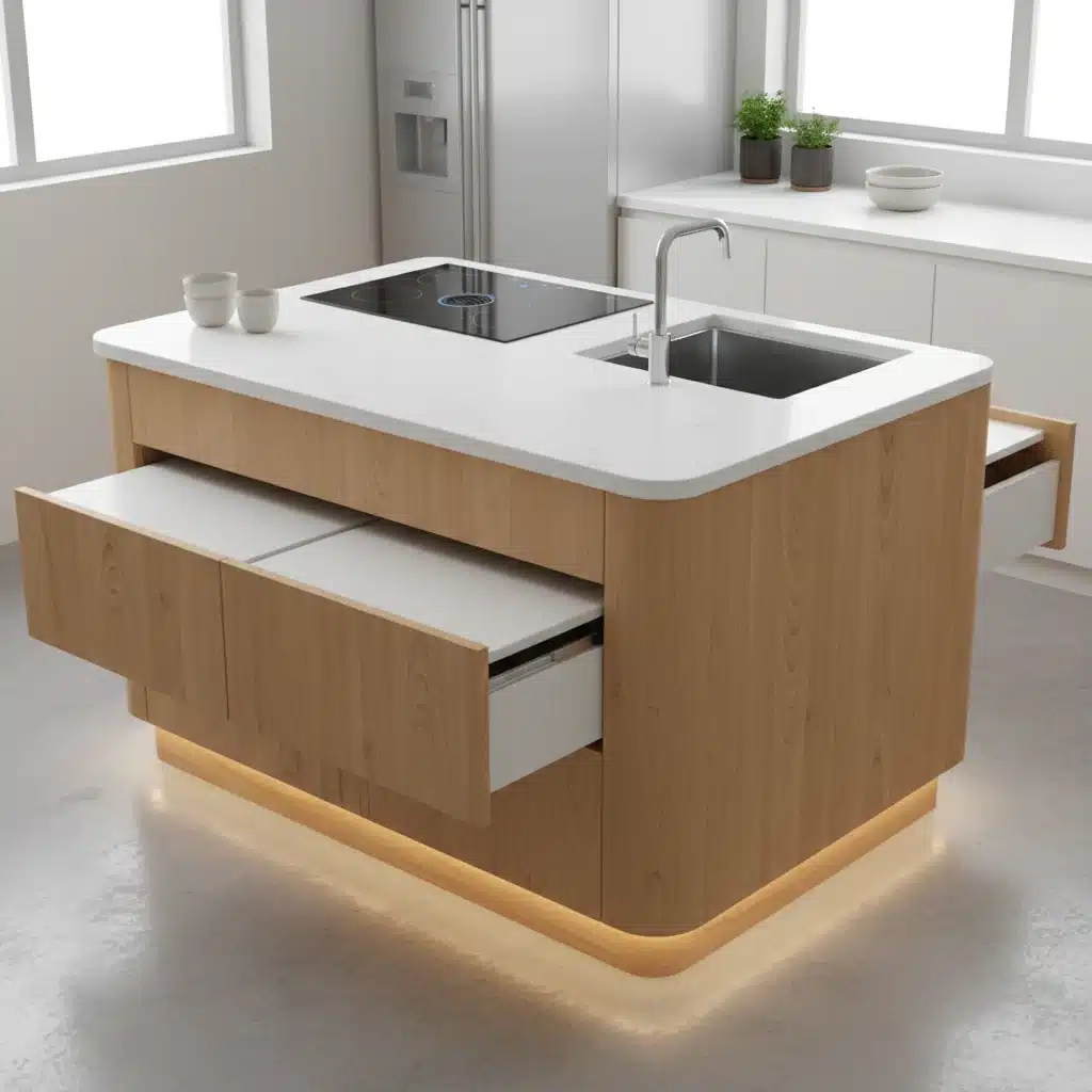 Multi-functional kitchen island with retractable cooktop and dining extension for compact apartments.