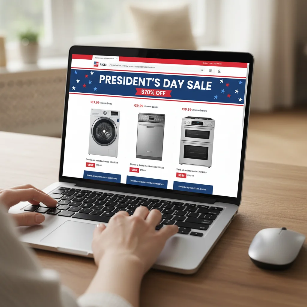 Person browsing online appliance deals for President's Day, comparing prices and models.
