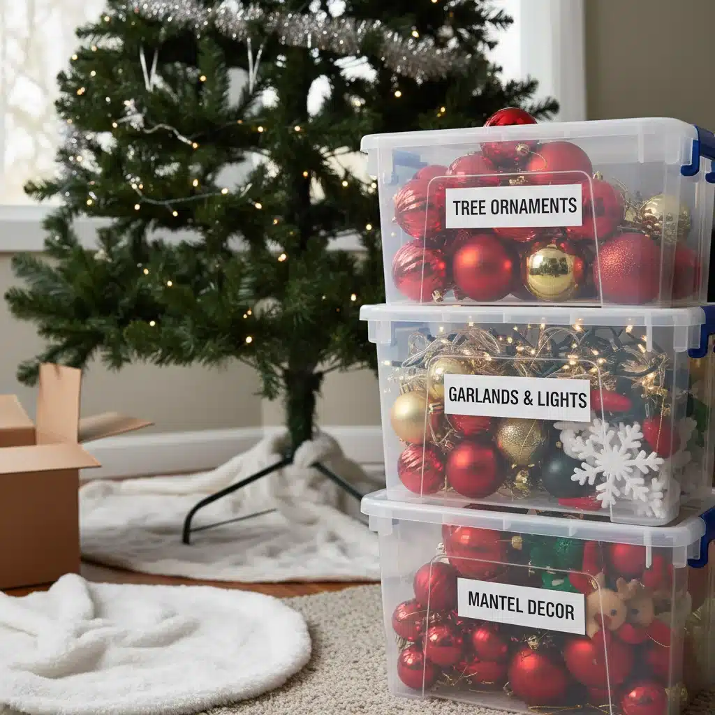 Organized holiday ornaments in storage bins after the holiday season, representing smart decor planning.