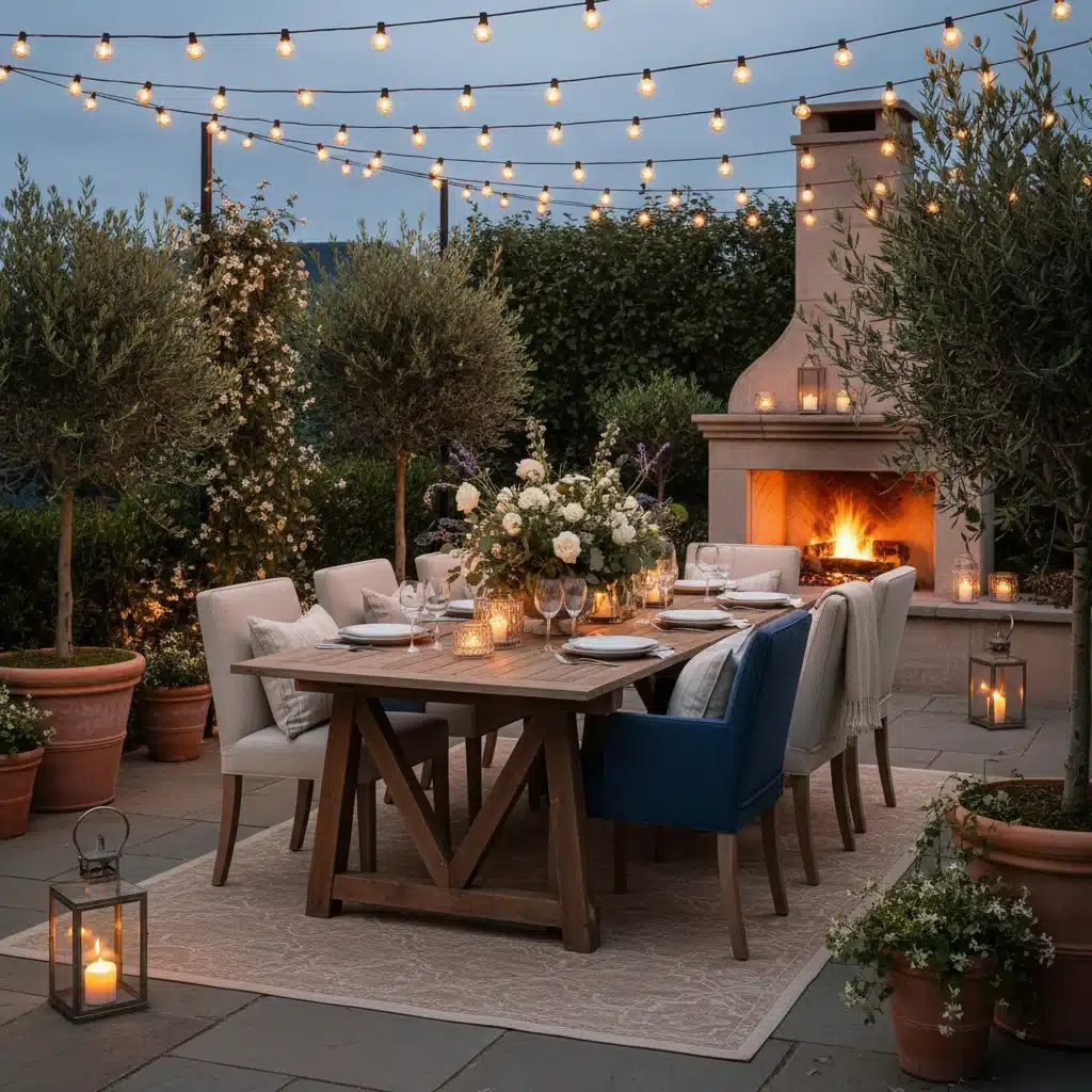 Elegant outdoor dining setup with string lights for evening entertaining