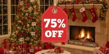 Living room with holiday decor and a '75% off' sale sign, symbolizing post-holiday decor deals.