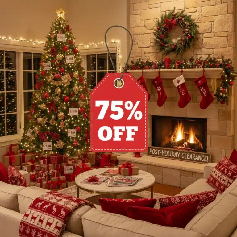 Living room with holiday decor and a '75% off' sale sign, symbolizing post-holiday decor deals.