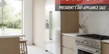 Modern kitchen with stainless steel appliances, highlighting President's Day 2026 15% off major appliances sale.
