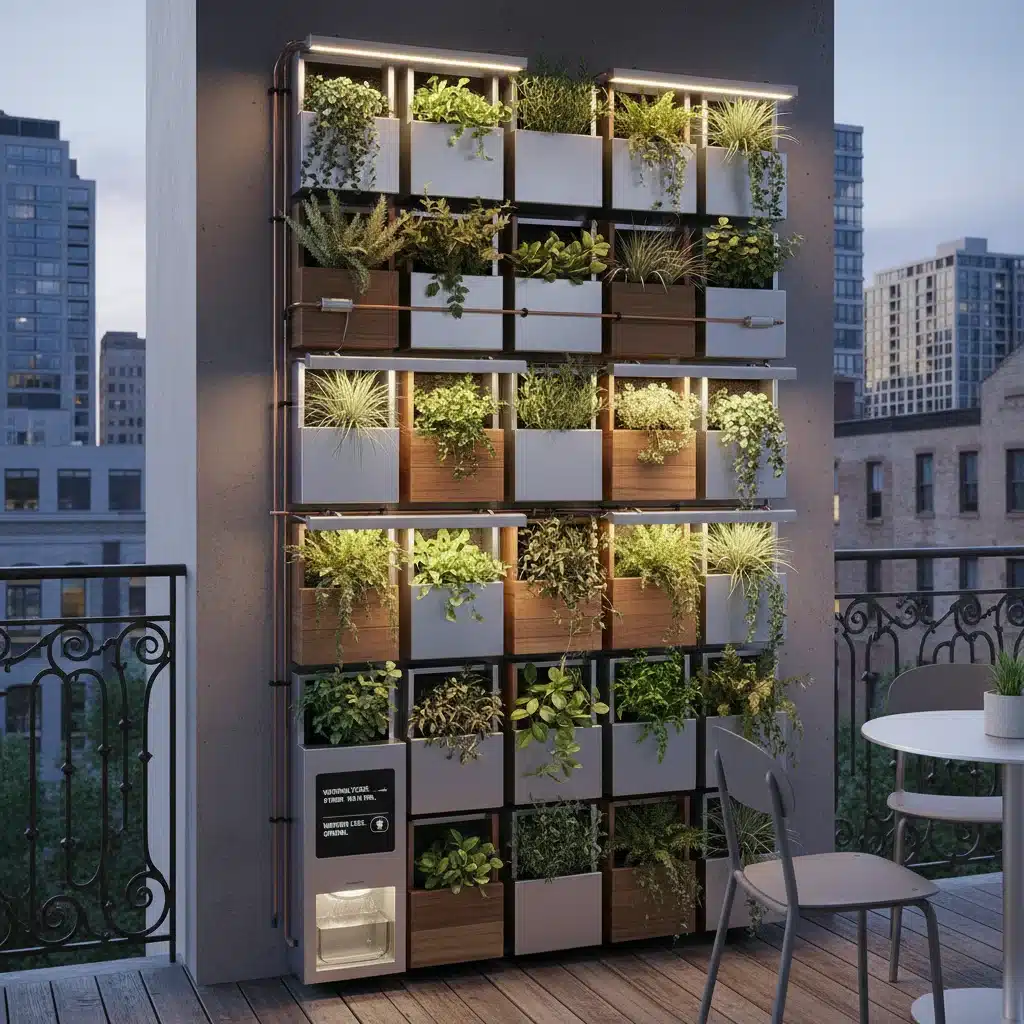 Wall-mounted smart vertical garden with LED lights and automated watering on a small urban balcony.