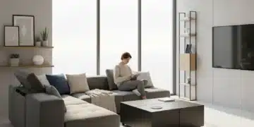 Modern urban apartment with convertible furniture and smart home tech, ideal for small space living.
