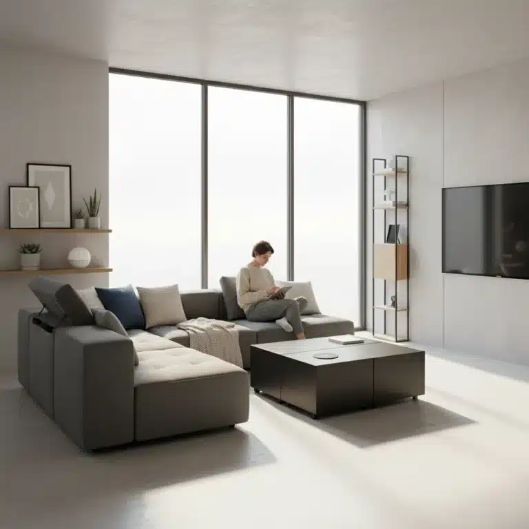 Modern urban apartment with convertible furniture and smart home tech, ideal for small space living.