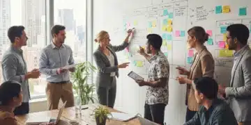 Diverse team collaborating on agile project planning with sticky notes
