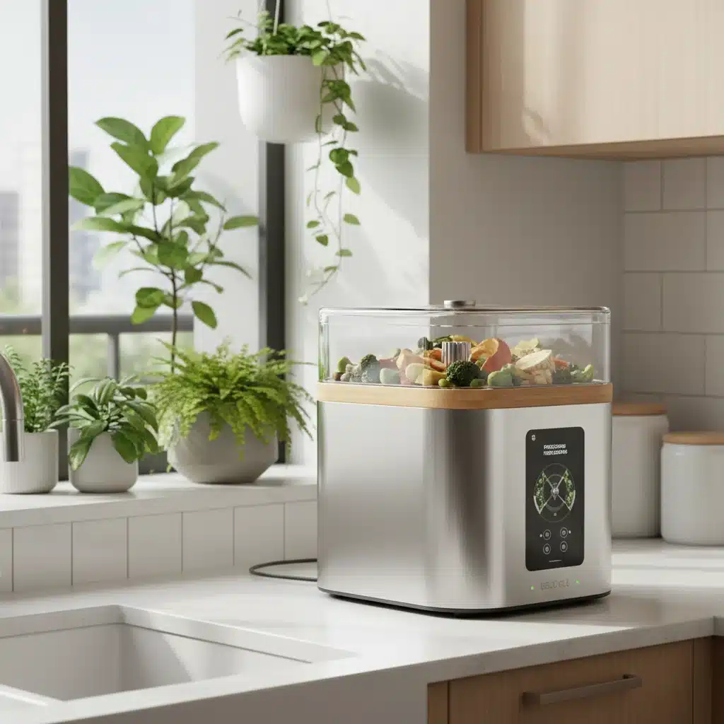 Automated countertop composting system in a modern kitchen.