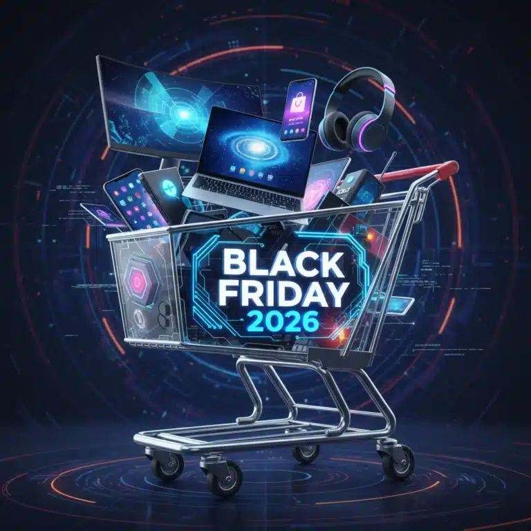 Black Friday 2026 electronics deals with futuristic tech in shopping cart