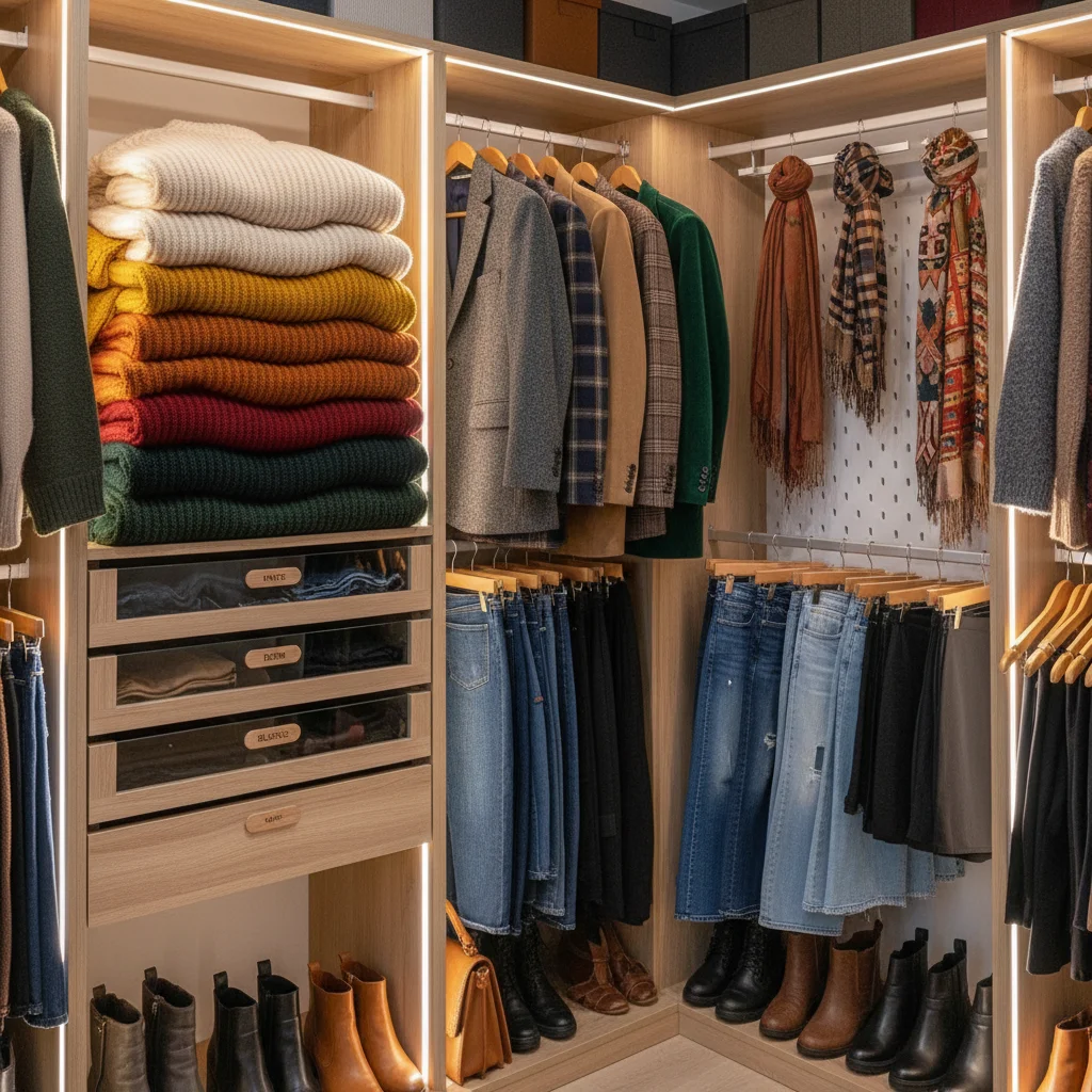 Organized closet with essential fall wardrobe pieces