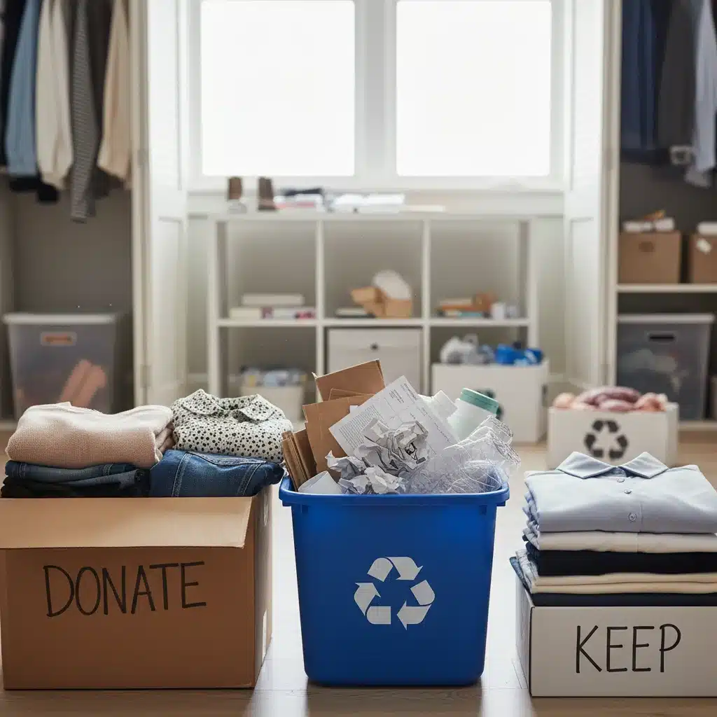Boxes labeled 'donate', 'recycle', and 'keep' during decluttering process