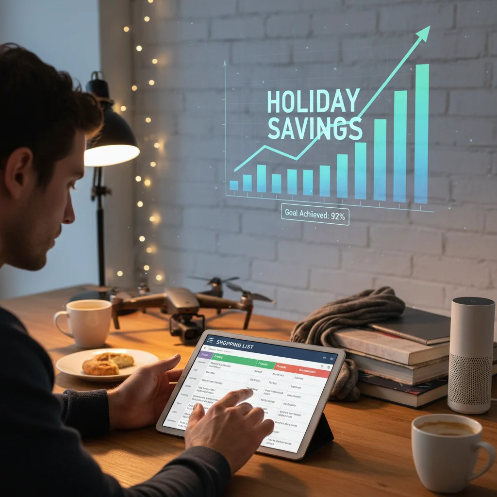 Person planning holiday gift list on tablet with savings graph