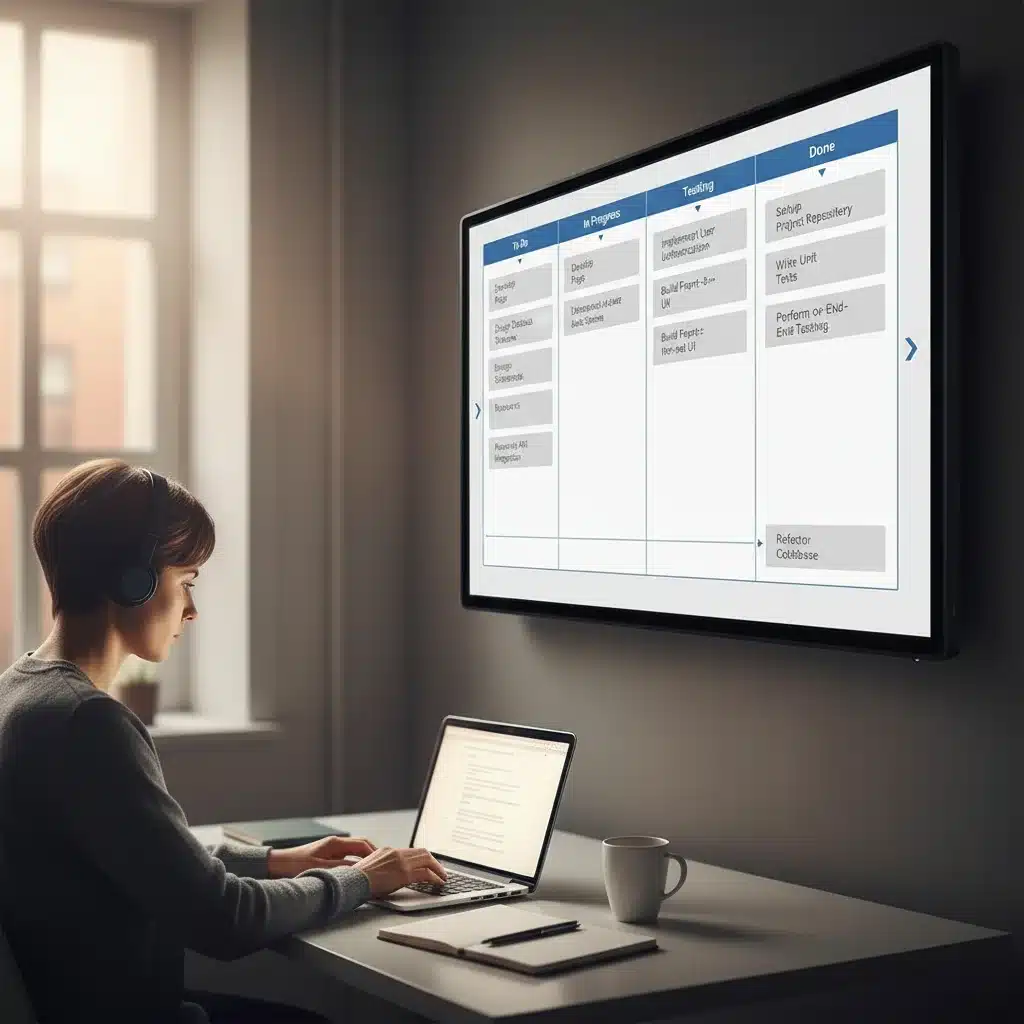 Digital Kanban board displaying project workflow and task progression