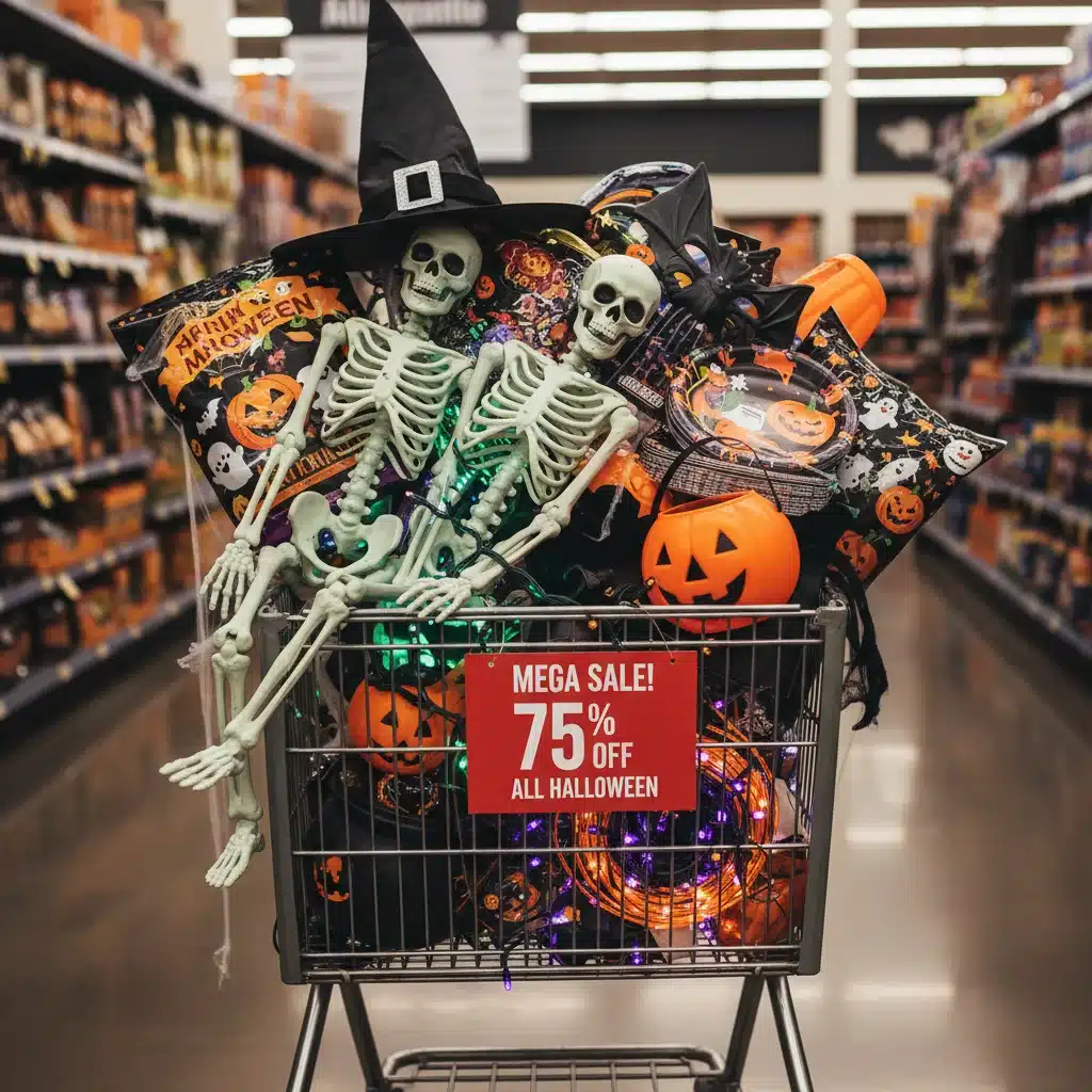 Shopping cart filled with discounted Halloween decorations and costumes.