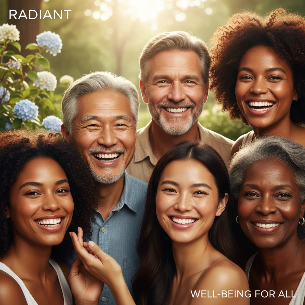 Diverse group of people with radiant, healthy skin, reflecting the universal benefits of innovative skincare.