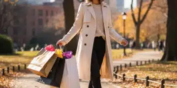Woman walking with shopping bags, enjoying fall fashion sales