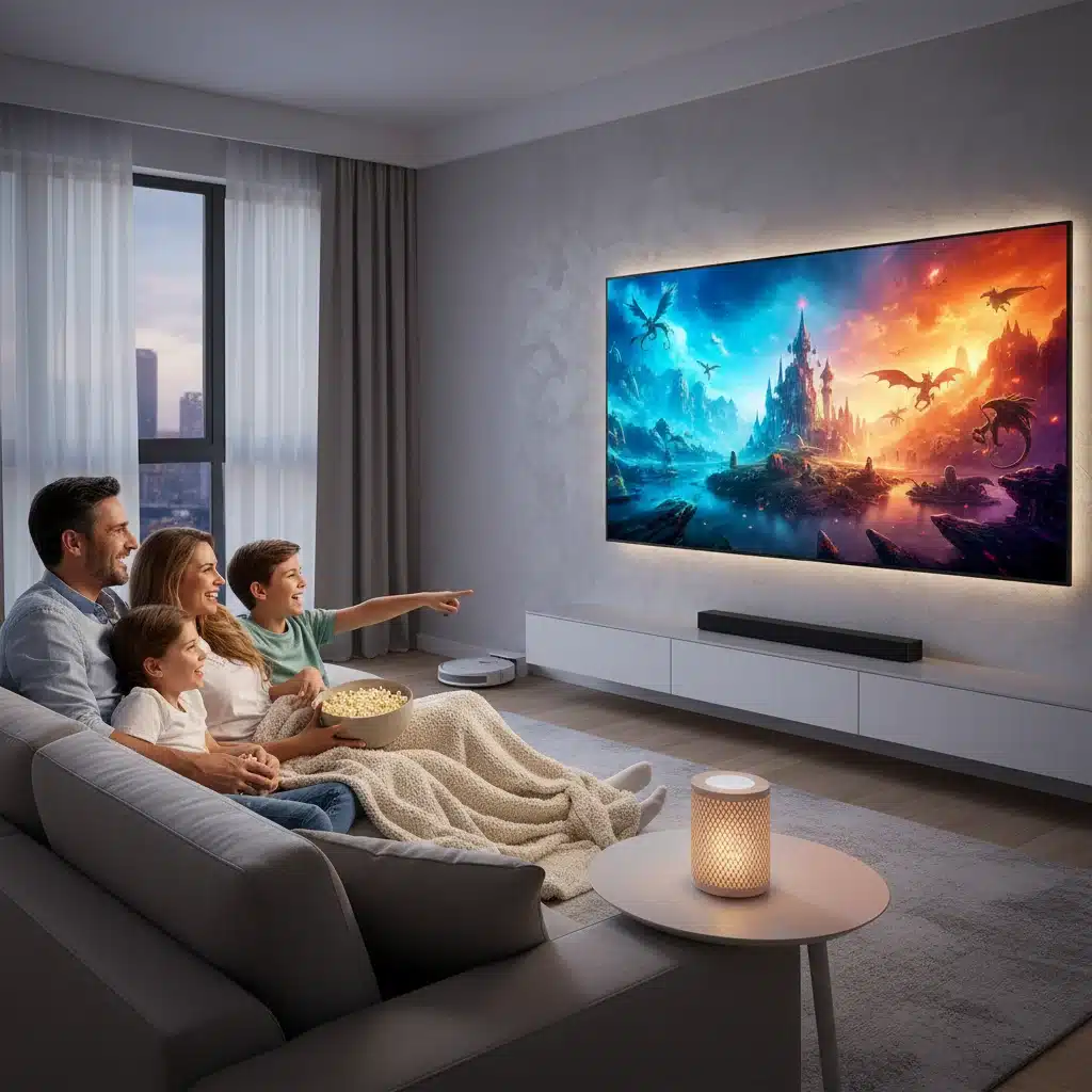 Family enjoying new 4K smart TV purchased during Black Friday sale