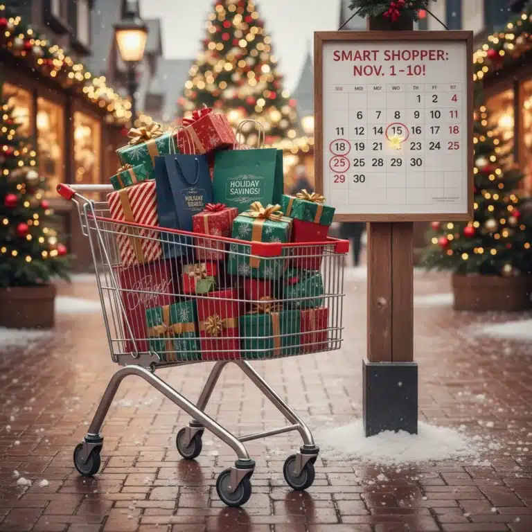 Festive shopping cart with gifts and calendar for early bird holiday sales