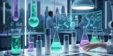 Futuristic lab with glowing skincare products, symbolizing advanced innovations in beauty technology for radiant skin.