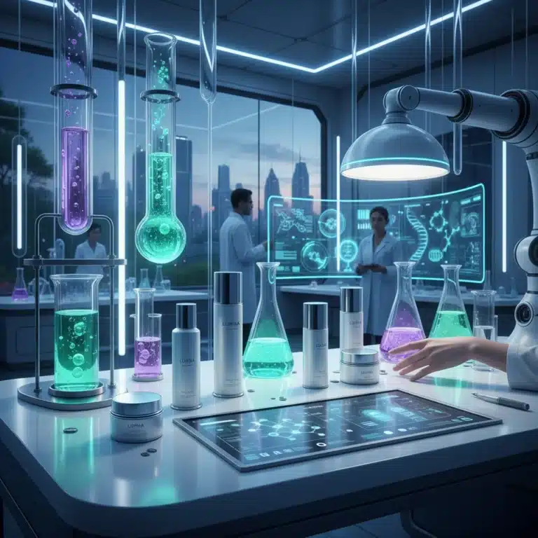 Futuristic lab with glowing skincare products, symbolizing advanced innovations in beauty technology for radiant skin.