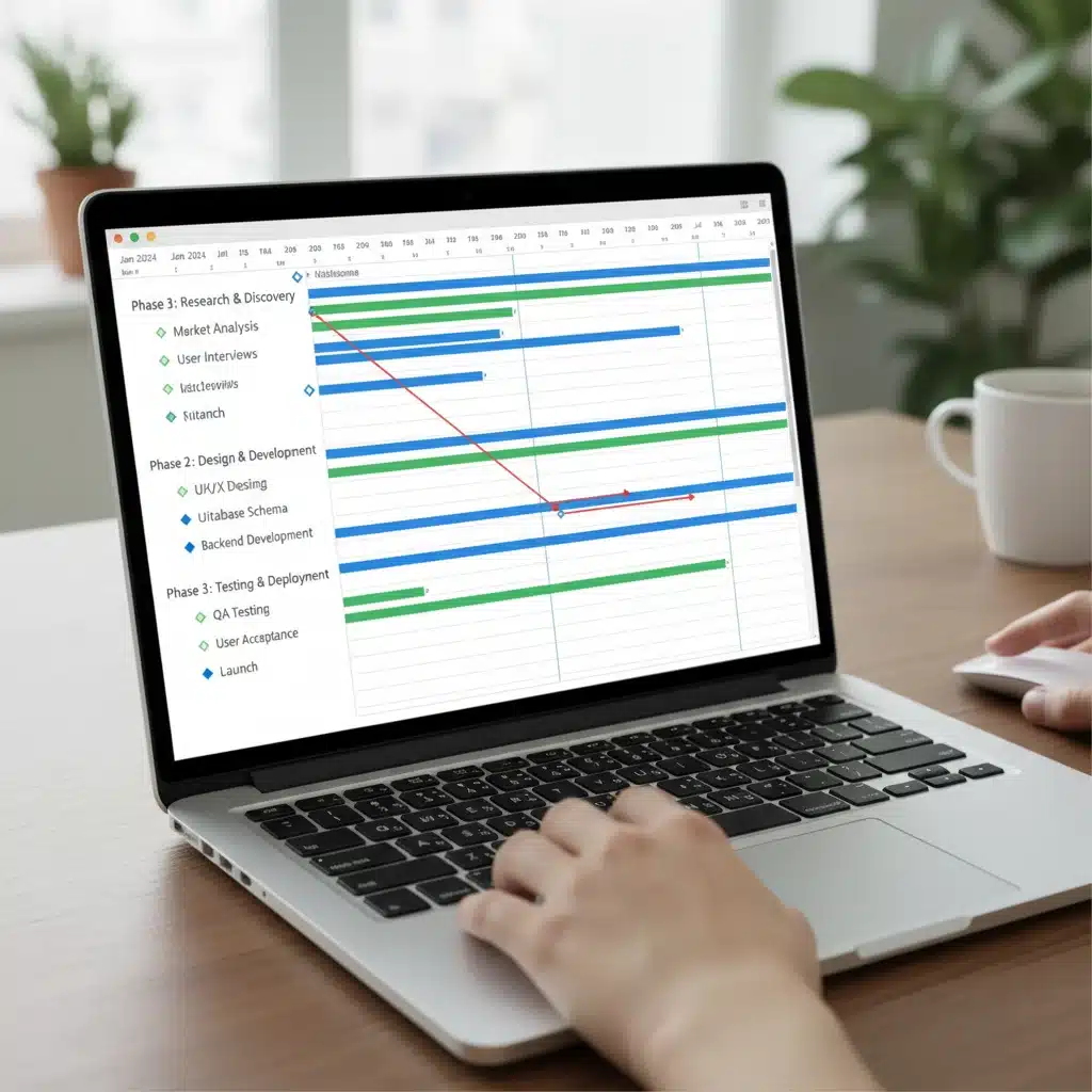 Gantt chart showing project timelines and task dependencies