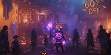 Festive Halloween scene with decorations, costumes, and a '60% Off' sign, symbolizing great deals.