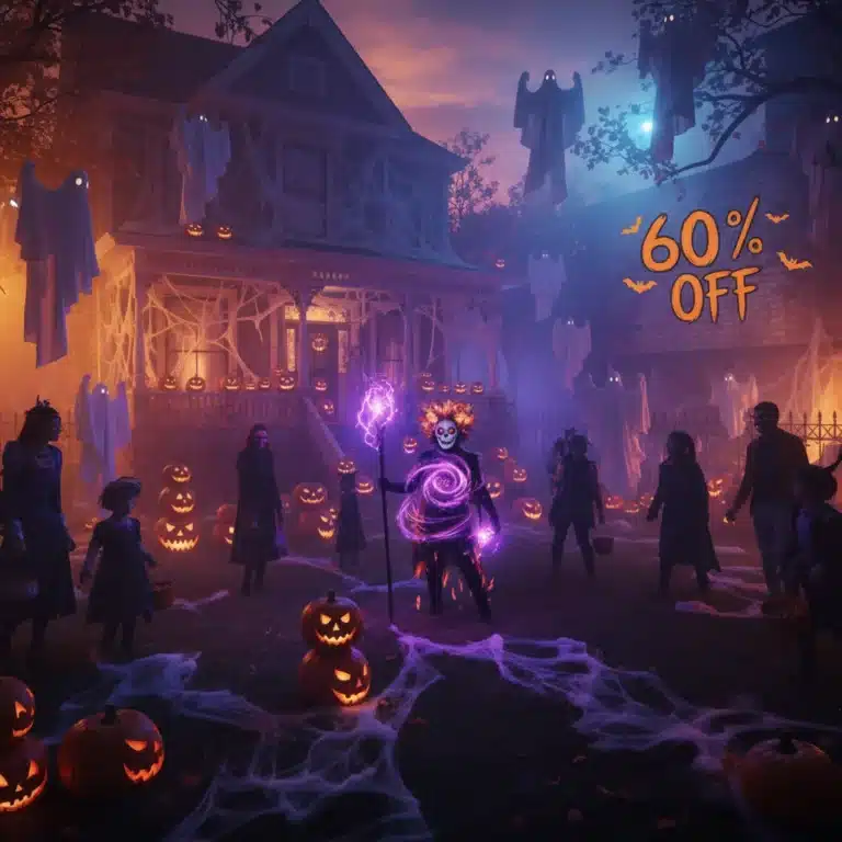 Festive Halloween scene with decorations, costumes, and a '60% Off' sign, symbolizing great deals.