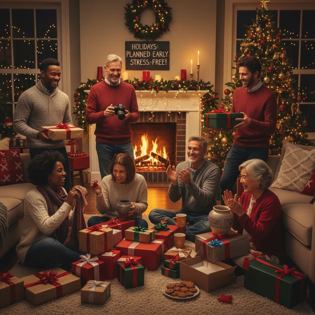 Family and friends happily unwrapping gifts during the holidays